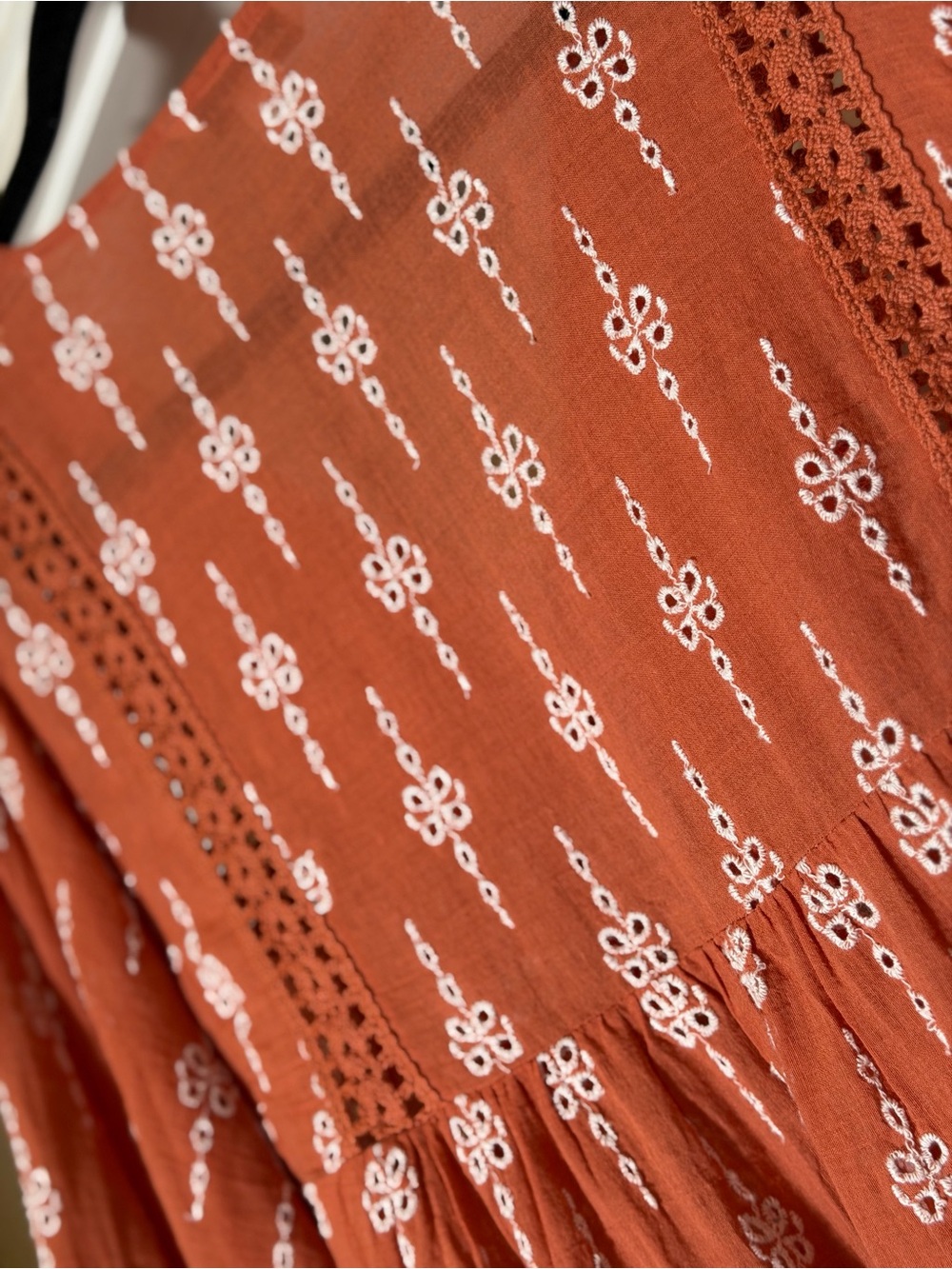 American Eagle~Boho~Terracotta~White Embroidered Eyelet~Lace~Tunic Top~Size LG/G - Picture 14 of 16